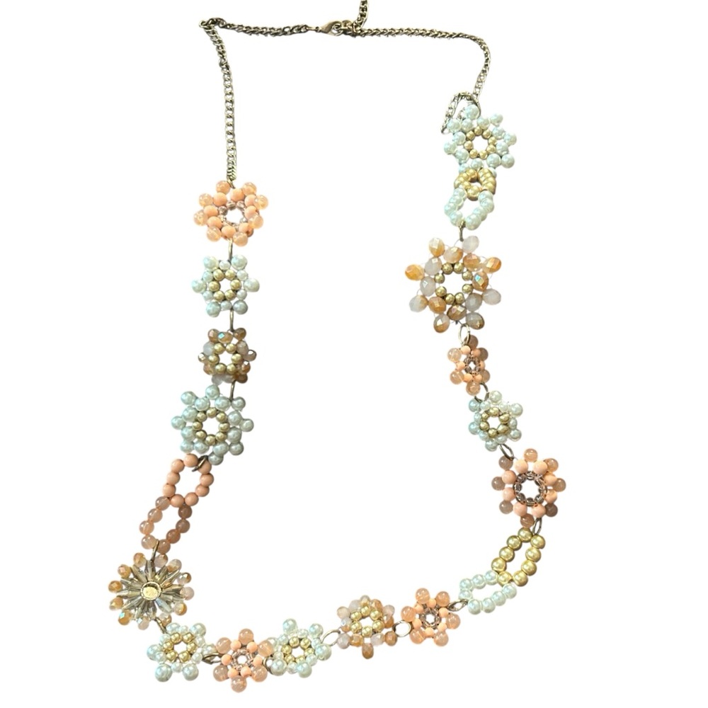 Boho Beaded Floral Statement Necklace Cream Gold Orange‎ Tone Chain